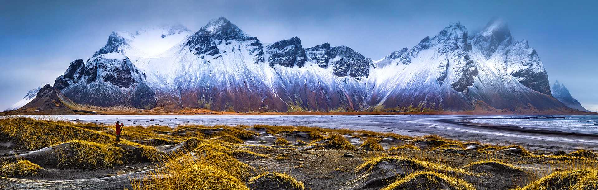 Vestrahorn mountain range and Stokksnes beach panorama, near Hofn, Iceland.