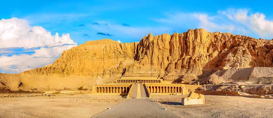 Temple of Queen Hatshepsut beneath the cliffs at Deir el-Bahari in Egypt.