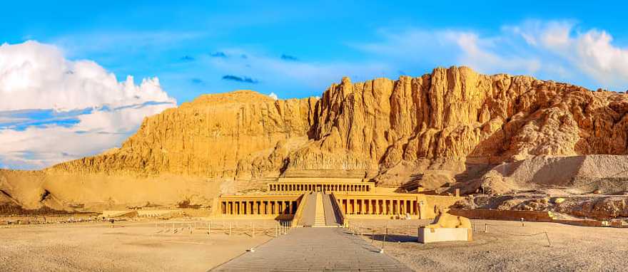 Temple of Queen Hatshepsut beneath the cliffs at Deir el-Bahari in Egypt.