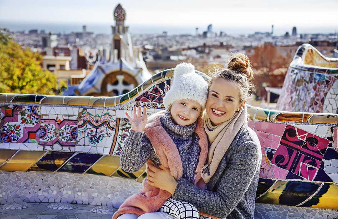 Park Guell in Barcelona, Spain Mother and daughter at Park Guell in Barcelona, Spain