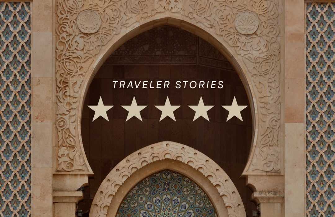 5-star traveler story over Moroccan tile work and carved arch detail at Hassan II Mosque in Casablanca