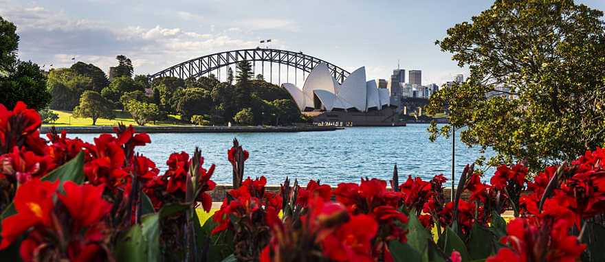 Sydney Harbor and Opera House from the Botanic Gardens in Sydney, Australia.