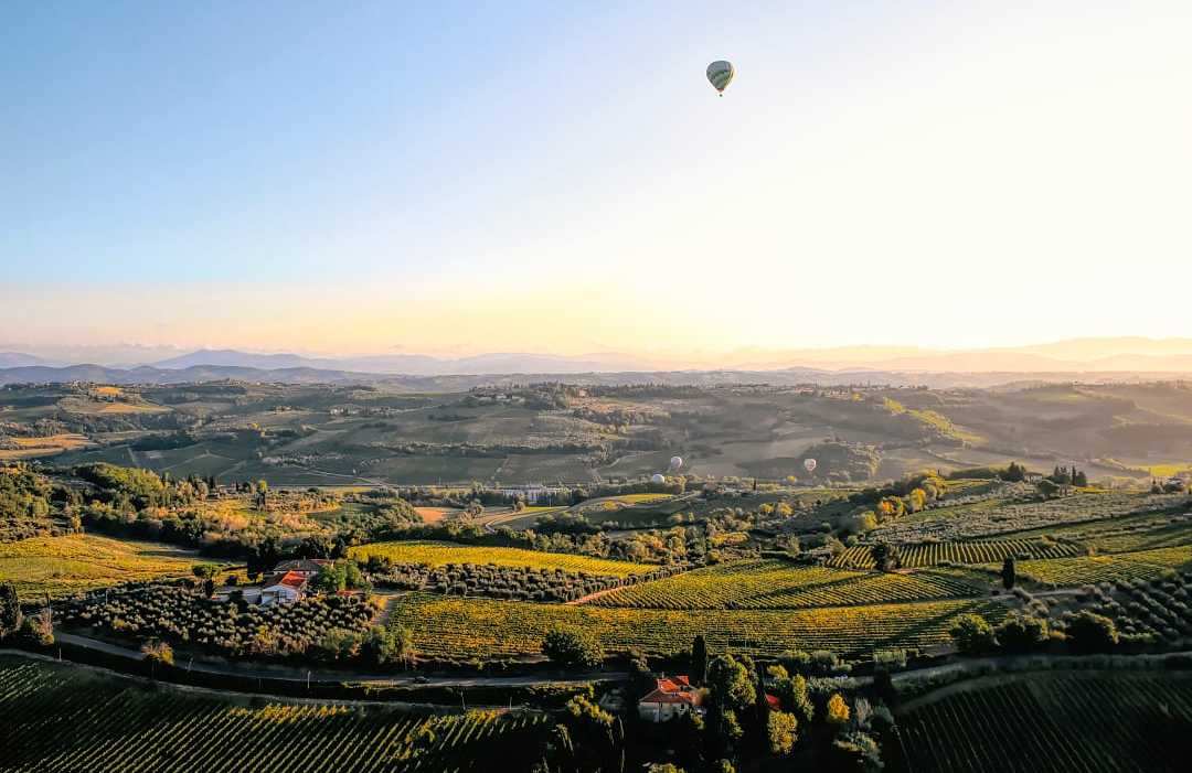 Sunrise hot air balloon ride over the vineyards of Tuscany, Italy