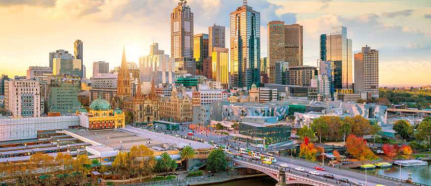 Melbourne city skyline at sunset