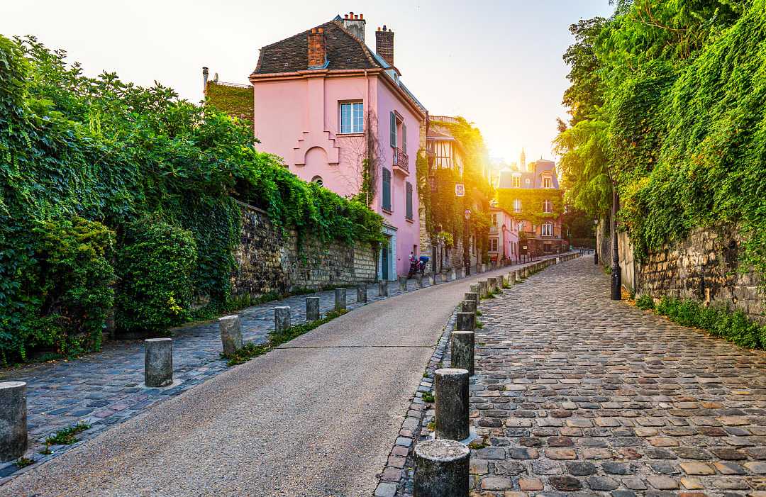 Cobblestone sidewalks in Montmartre in Paris, France