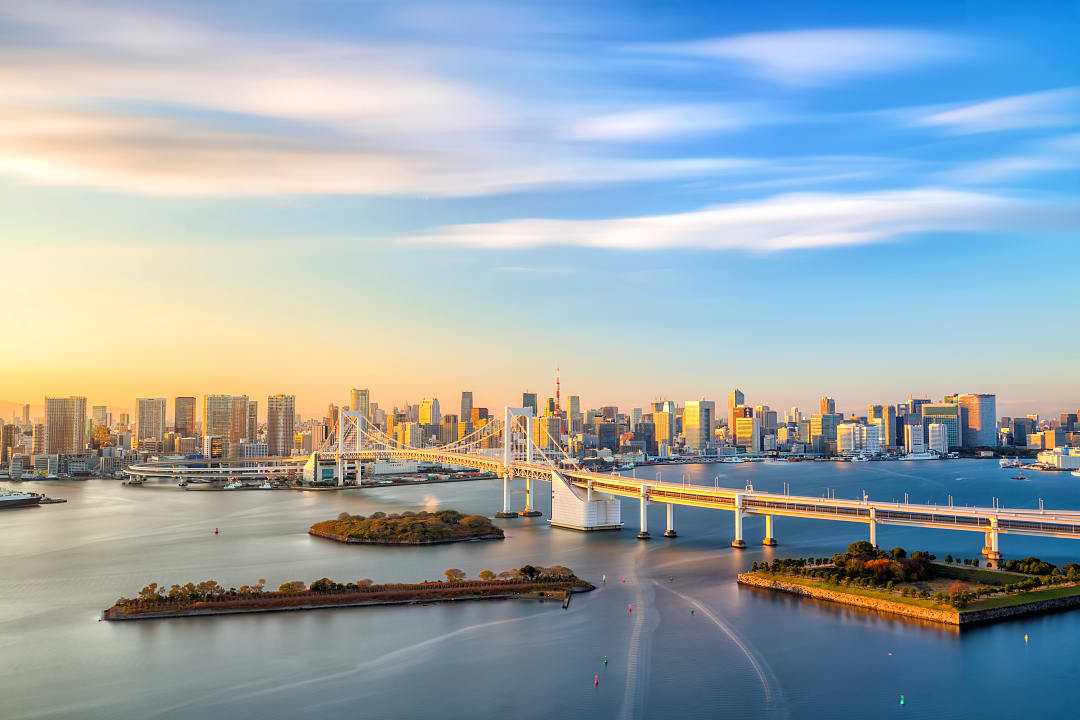 Tokyo skyline with Tokyo tower and rainbow bridge in Japan