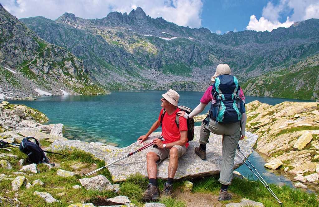 Senior couple hiking the Brenta Dolomites Trentino, Italy