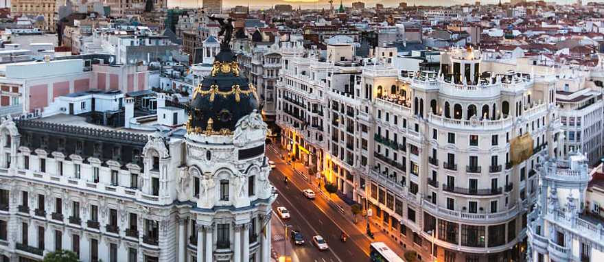 Panoramic view of the main shopping street Gran via in Madrid, Spain