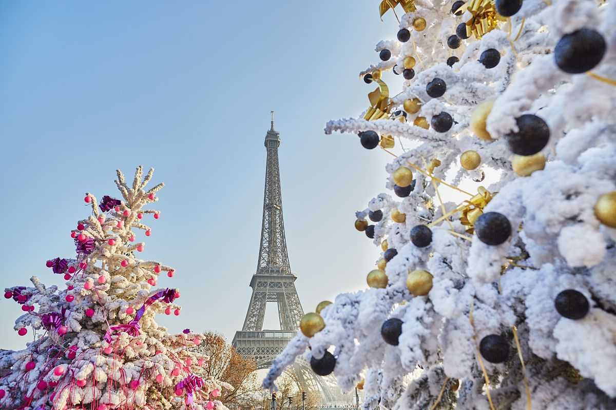 Snow-covered Christmas trees decorated with ornaments with the Eiffel Tower in the background, capturing the festive holiday in Paris, France