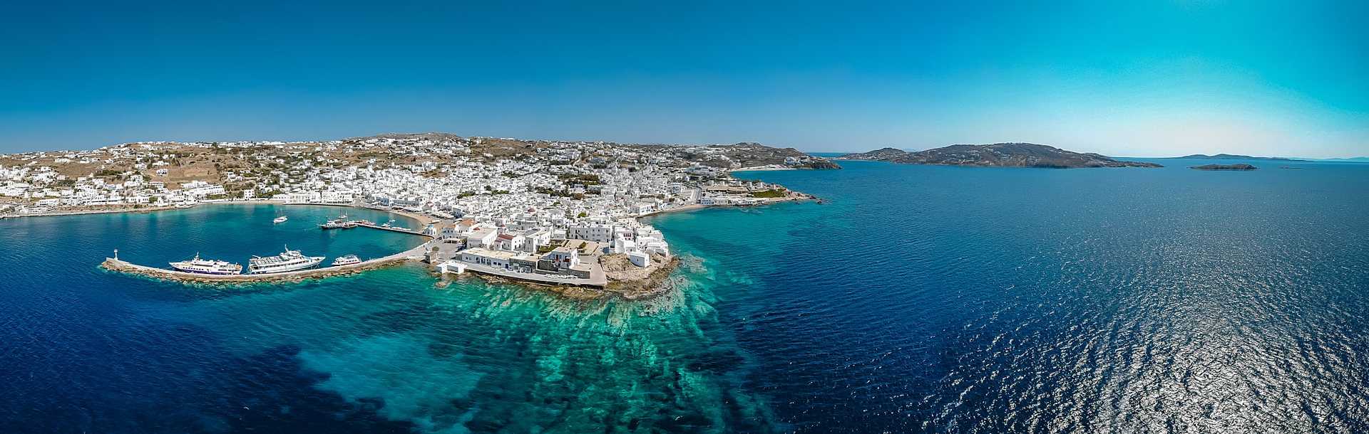 Aerial view of Mykonos, Greece.