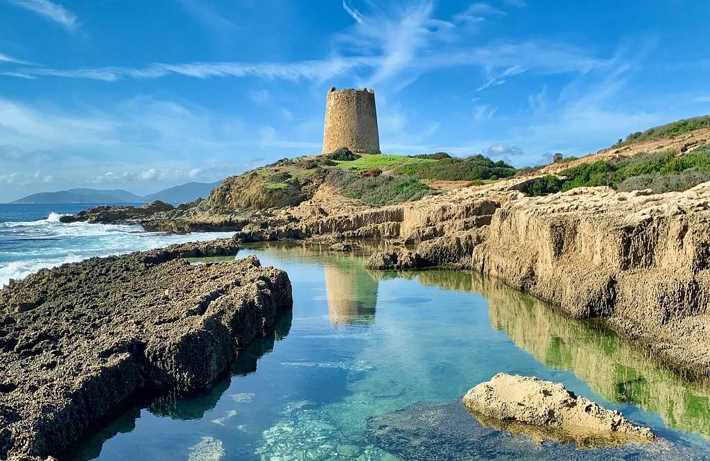 Tower ruins on the coast of Sardinia, Italy.