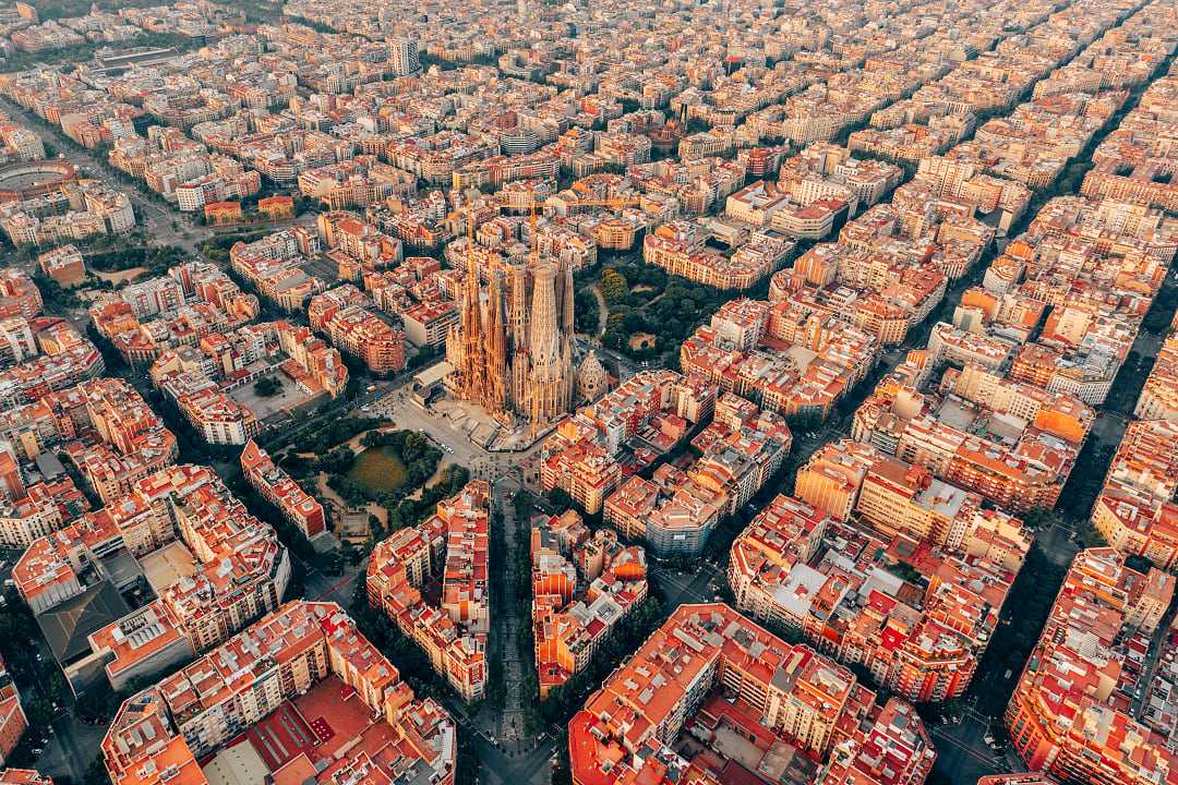 Aerial view of Barcelona, with La Sagrada Família in the center.