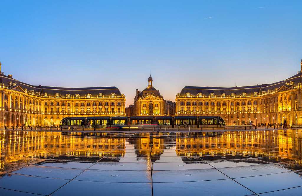 Tram at Place de la Bourse in Bordeaux, France