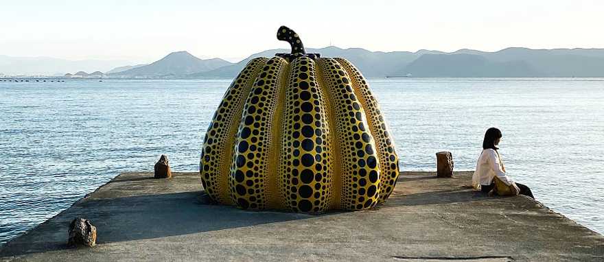 This yellow pumpkin sculpture, by Japanese artist Yayoi Kusama, located on the island of Naoshima, Japan.