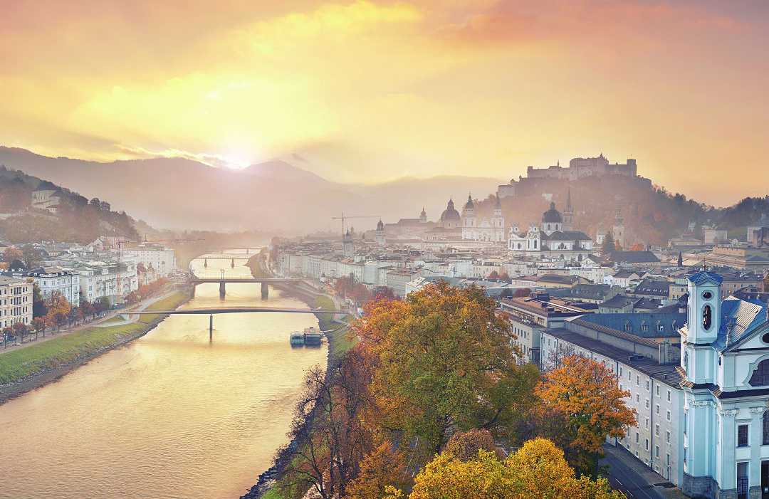 An aerial view of Salzburg at sunset 