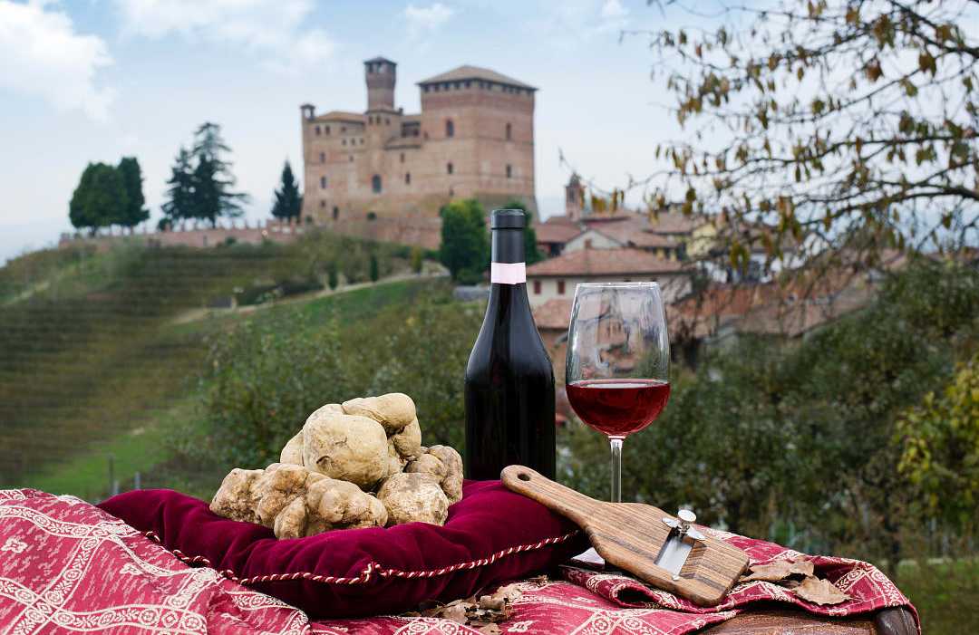 White Pidemont truffles and glass of wine with castle in the background in Piedmont, Italy