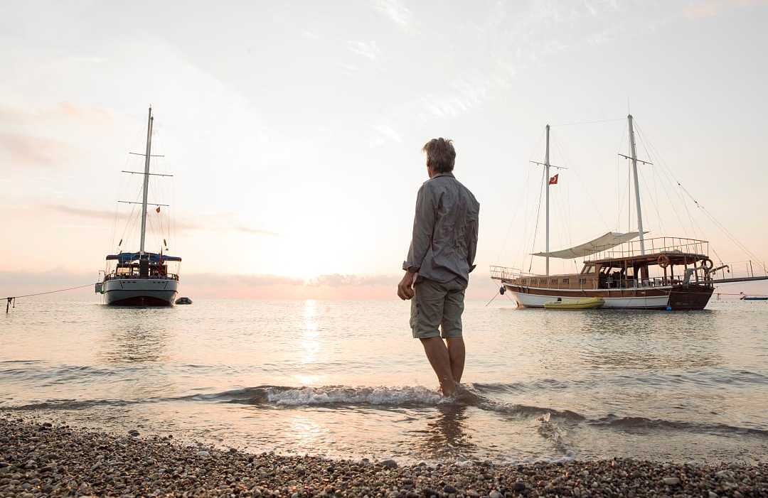 Mediterranean beach at sunset in Antalya, Turkey.