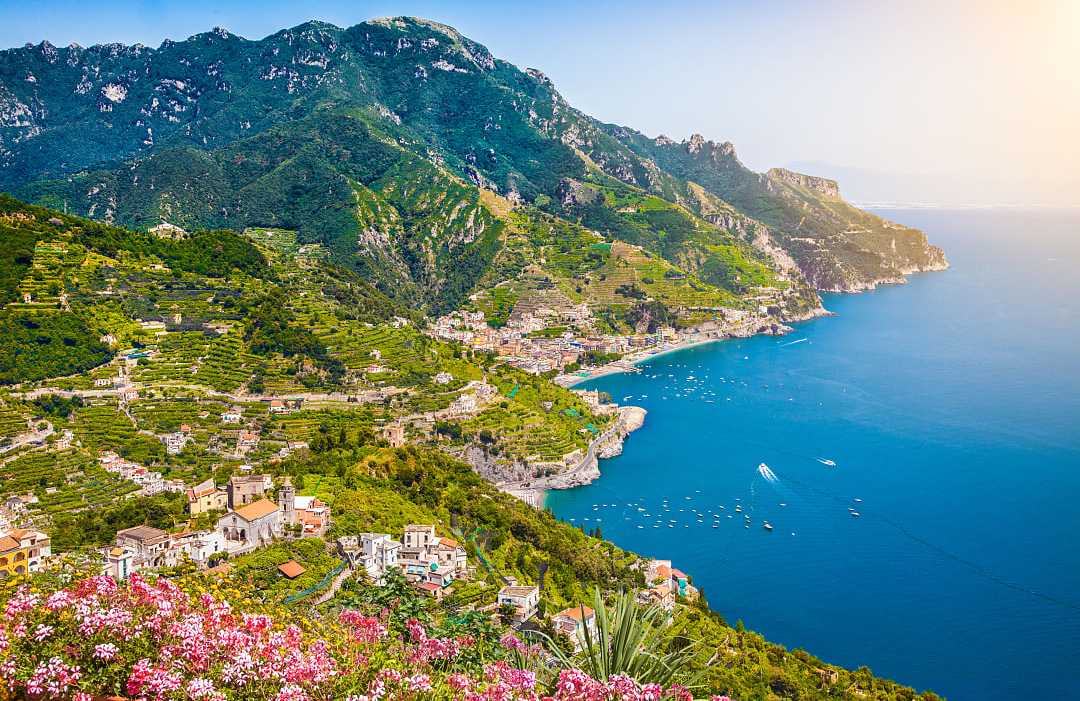 View of the Amalfi Coast from Villa Rufalo gardens in Ravello, Italy
