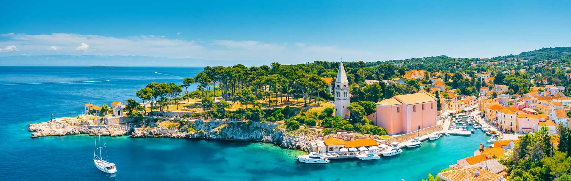 The blue lagoon village Veli Losinj on sunny day in Croatia.