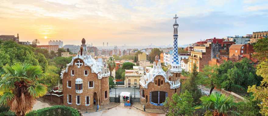 Park Guell with architectural elements designed by Gaudi in Barcelona, Spain