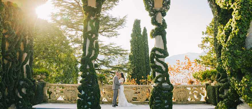 Couple eloping at Villa del Balbianello on Lake Como, Italy