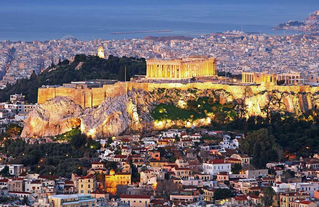 Athens, view of the Acropolis in the evening