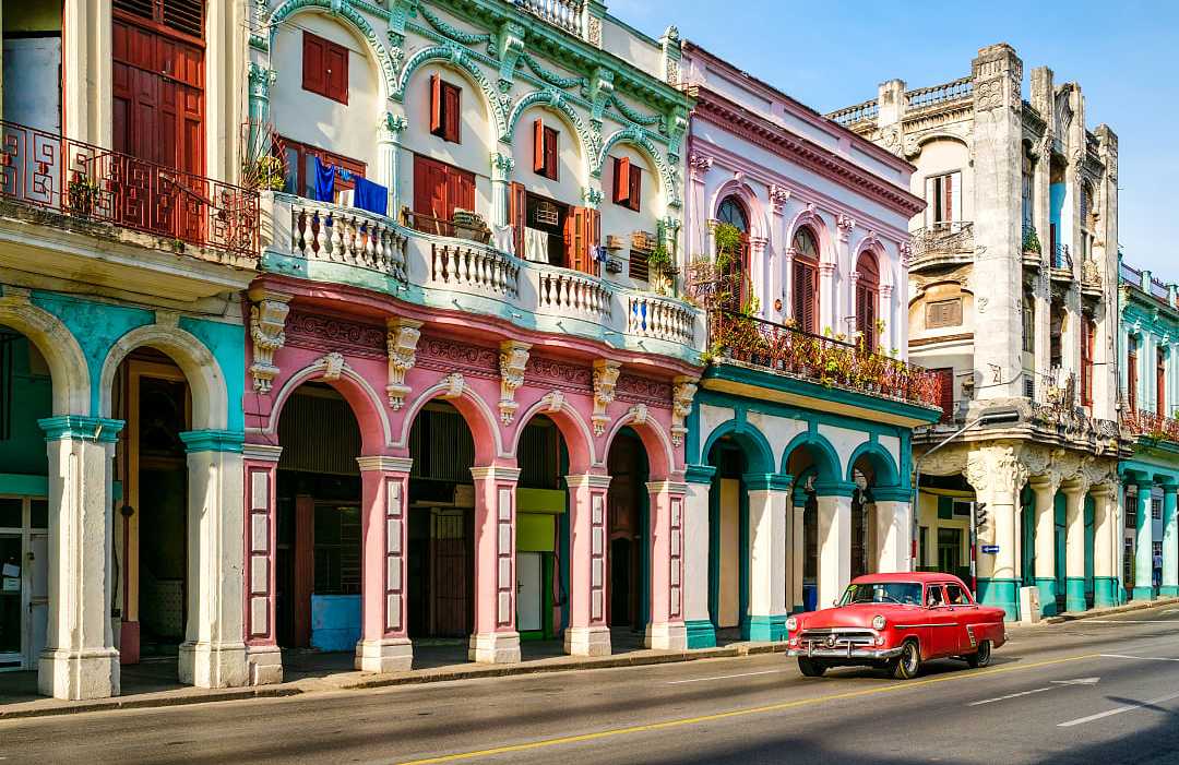 Colorful antique buildings in Old Havana, Cuba. 
