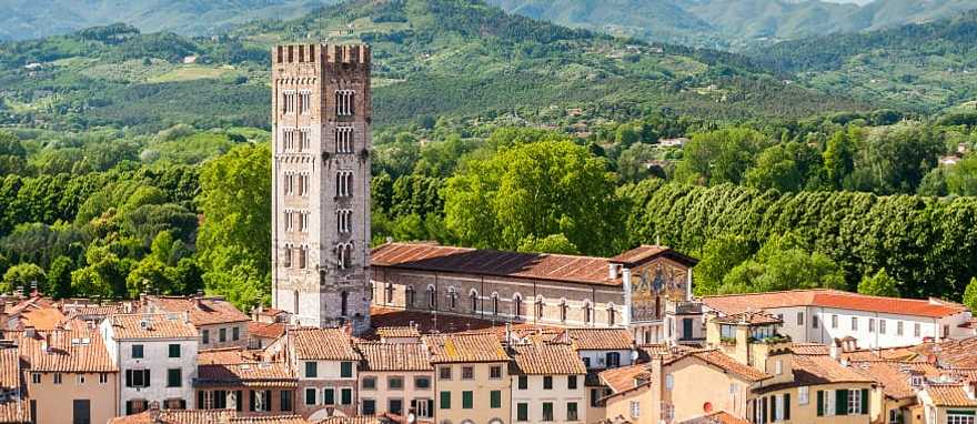 View of the city of Lucca and the chapel of the Basilica of St. Ferdinand - an ancient catholic church, Italy