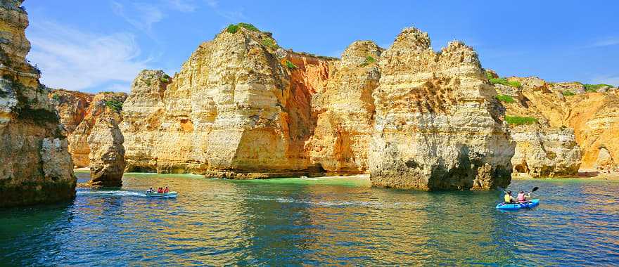 Kayaking around the caves at Ponte de Piedade in Algarve, Portugal.