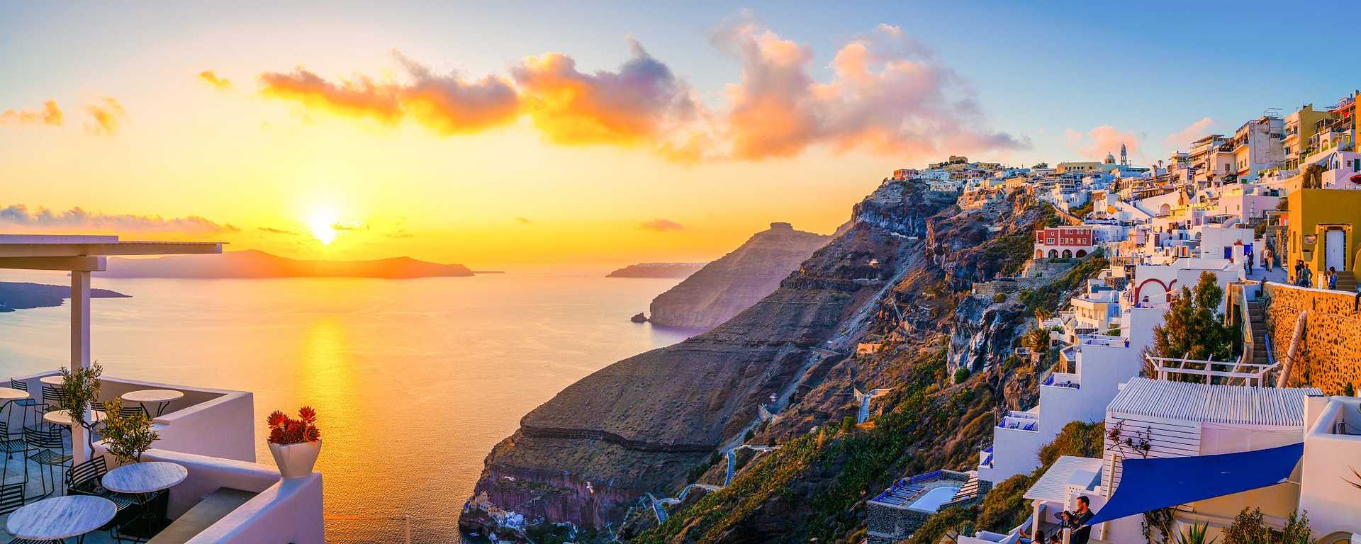 Sunset over Fira on Santorini, Greece