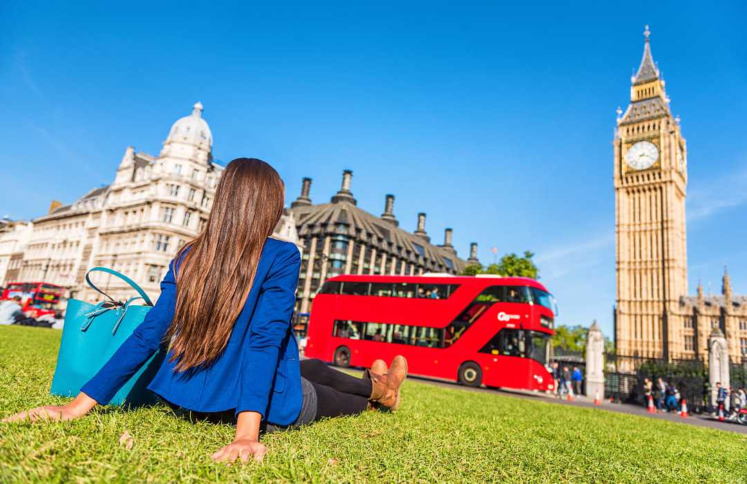 Tourist with view of Bog Ben tower in London, England