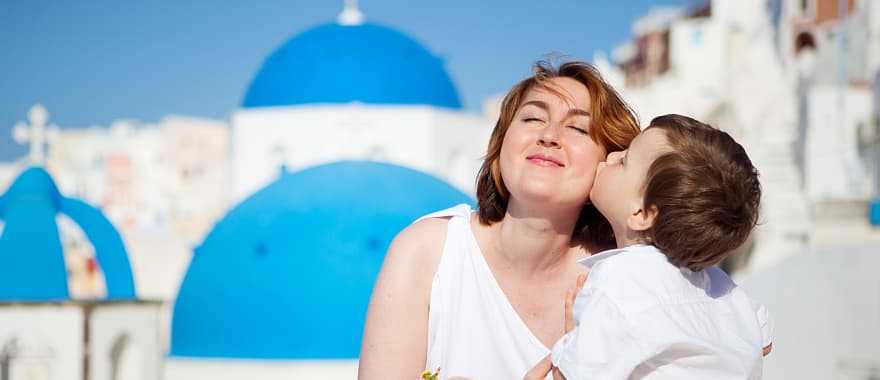 Mother and son in Santorini, Greece