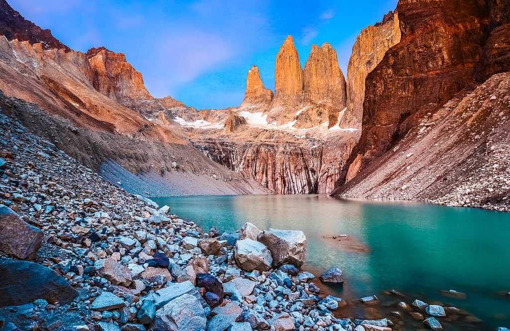 Laguna Torres with the towers at sunrise in Torres del Paine National Park, Patagonia, Chile