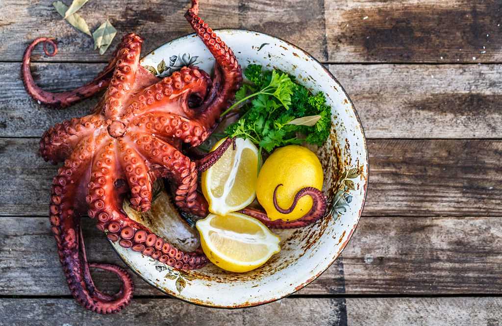 Big boiled octopus with lemon and parsley rustic style, Italy