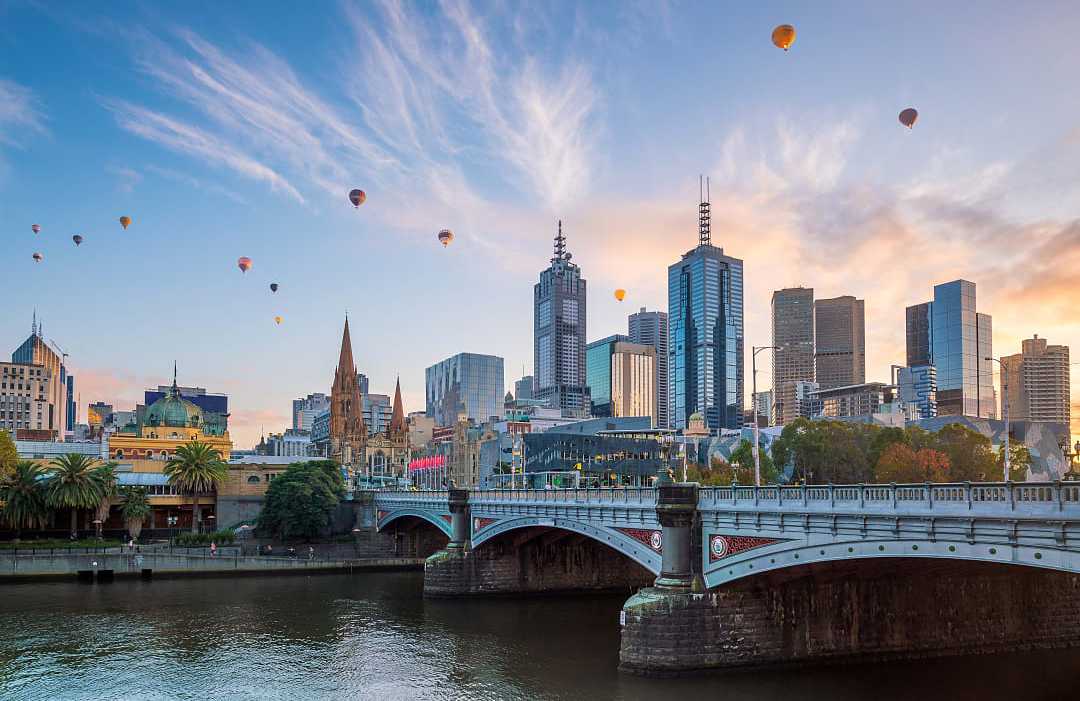 Hot air balloons over Melbourne in Australia.