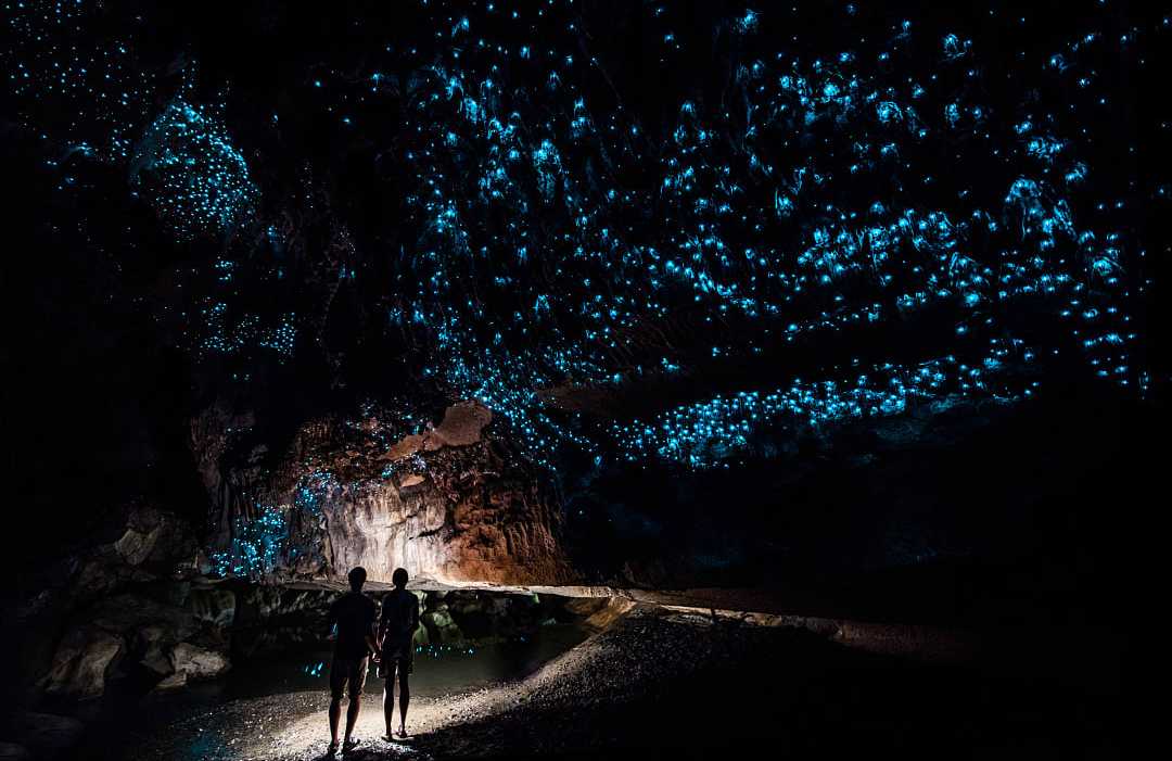 Couple inside the romantic glowworm cave in New Zealand