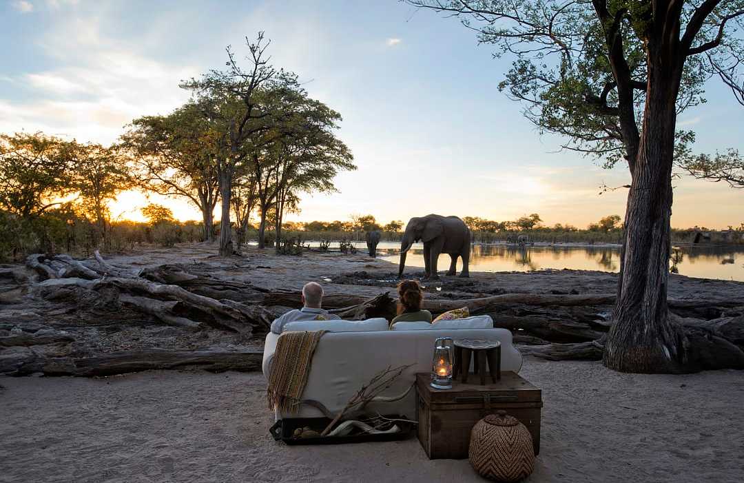 Couple observing an elephant at a luxury lodge in Botswana