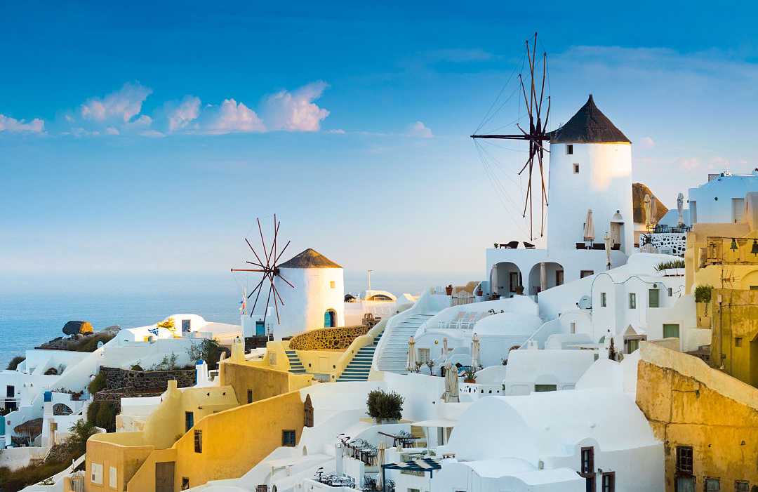 Windmills at Oia village in Santorini, Greece.
