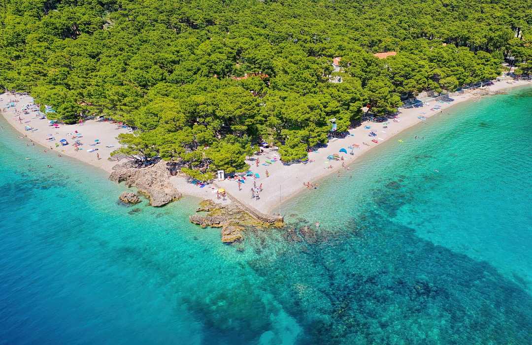 Aerial view of Punta Rata Beach in Brela, Croatia