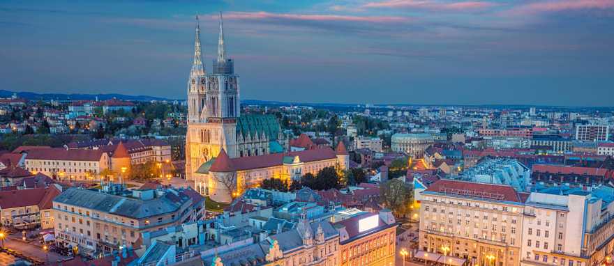 City square and cathedral at twilight in Zagreb, Croatia