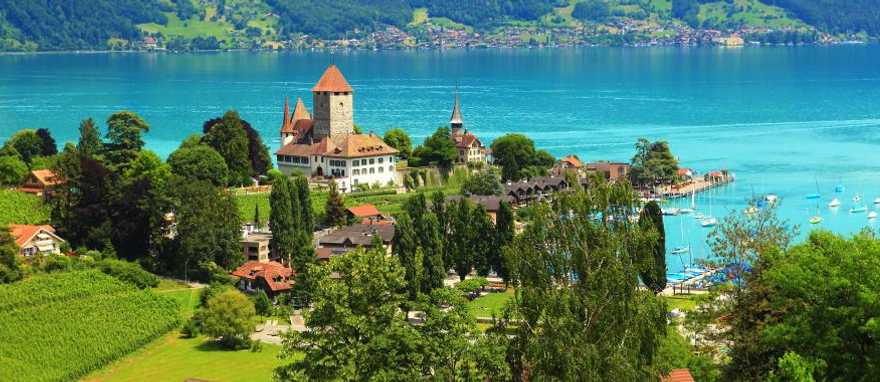 View of Spiez Castle on Lake Thun in Switzerland