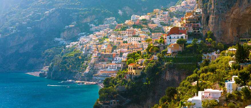 Morning view of Positano on the Amalfi Coast in Italy.