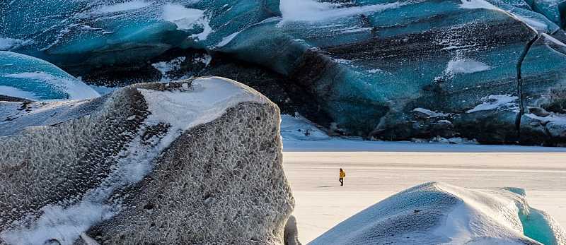 Skaftafell Nataionall Park, Iceland Hiker exploring Svínafellsjökull Glacier in Skaftafell Nataionall Park, Iceland