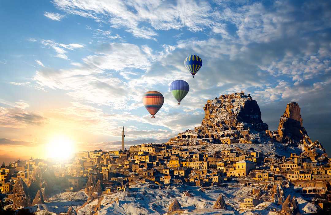 Cappadocia, Turkey Hot air balloons flying over spectacular Cappadocia in Turkey