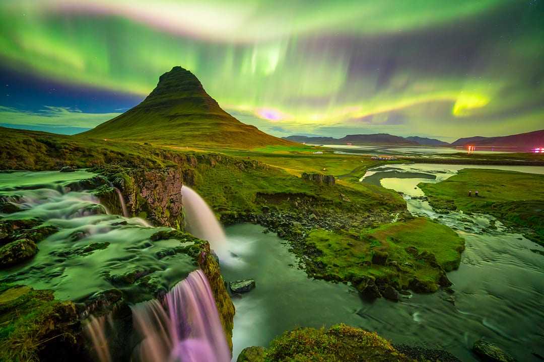 Northern lights over Mount Kirkjufell in Iceland