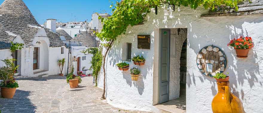 White circular Trulli houses of Alberobello in the Puglia region of Italy