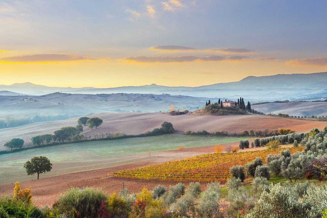 Golden Autumn Fields of Val d'Orcia in Tuscany