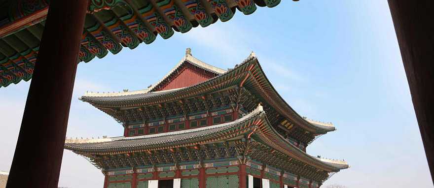 Framing Gyeongbokgung Palace, a historic Joseon Dynasty landmark.