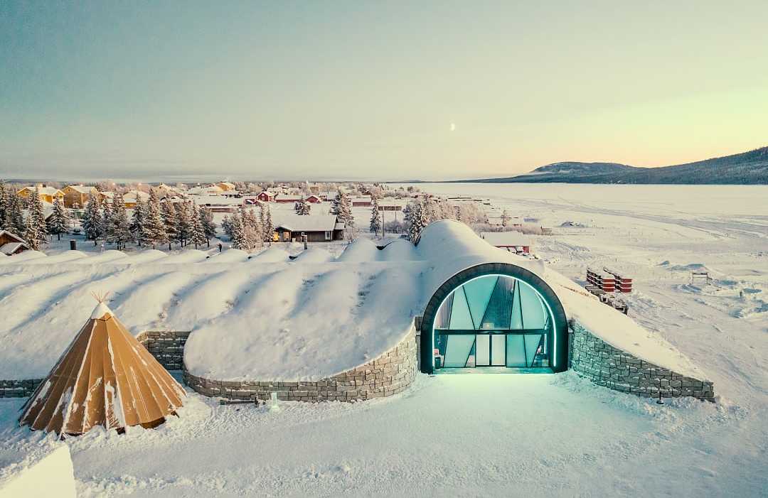 An aerial view of an Ice hotel in Kiruna, Sweden