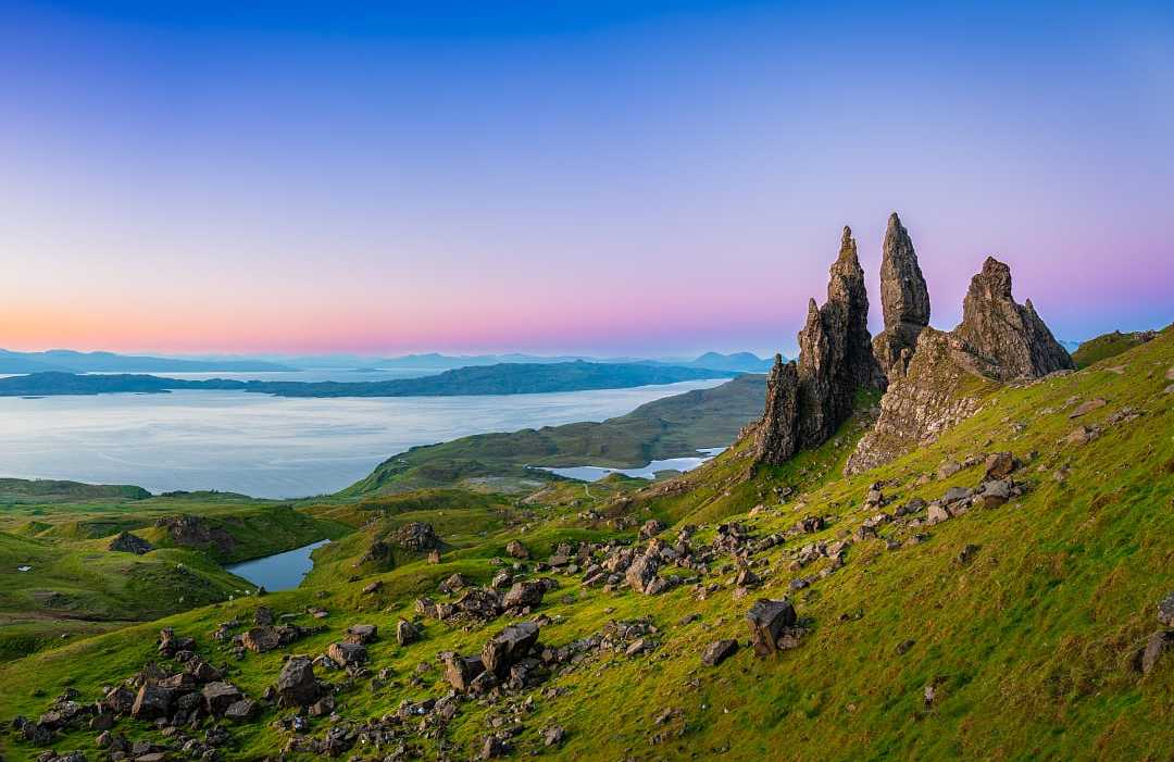 Old man of storr rock formation at sunrise on Isle of Skye in Scotland